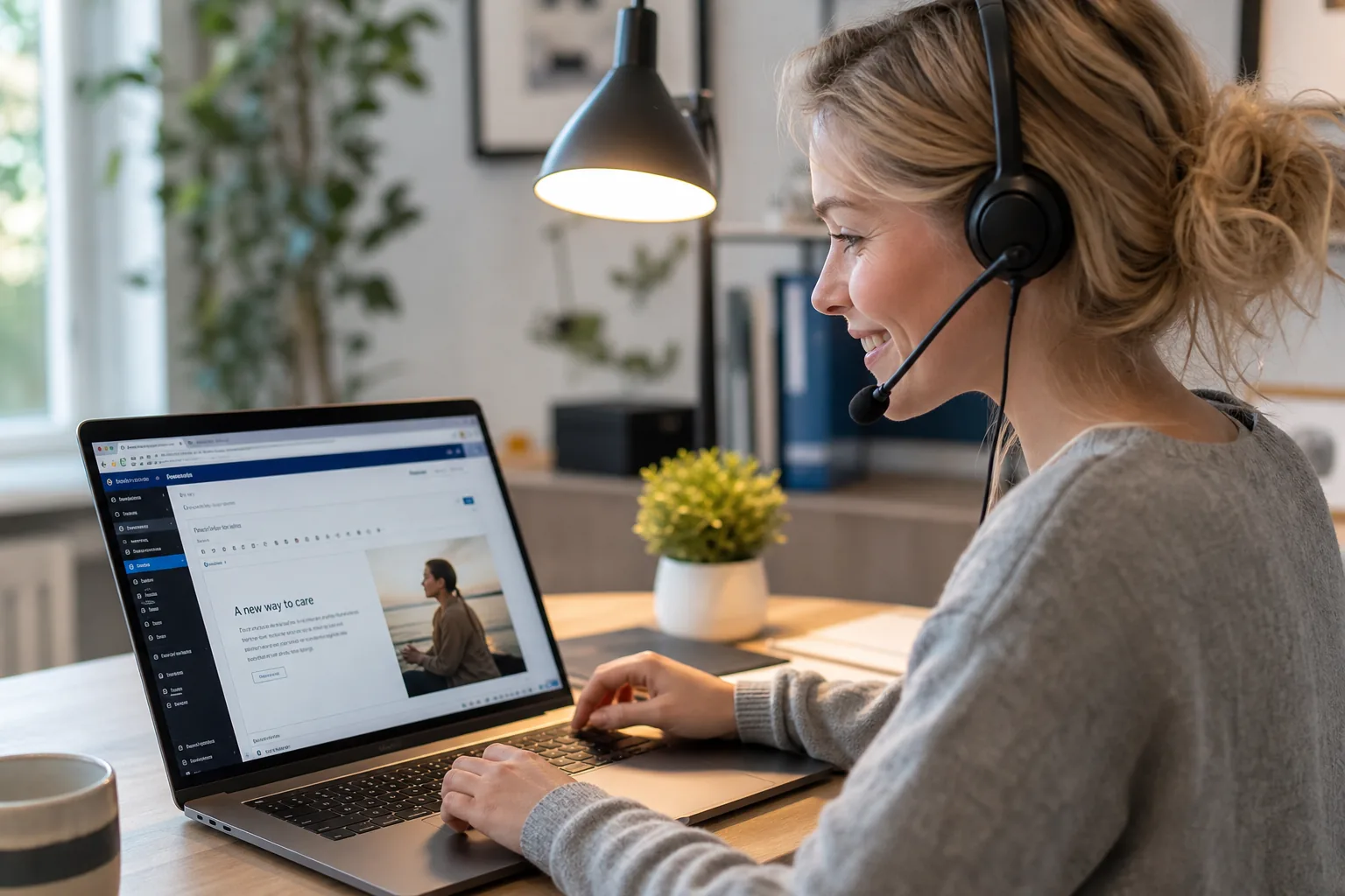 Person med headset som jobber ved datamaskin